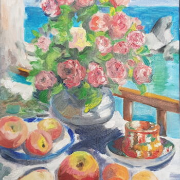 Painting titled "Roses K.Korovin" by Natalia Sharoni, Original Artwork, Oil Mounted on Wood Stretcher frame
