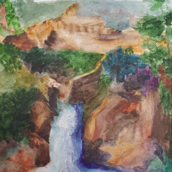 Painting titled "Waterfall" by Natalia Sharoni, Original Artwork, Watercolor Mounted on Cardboard