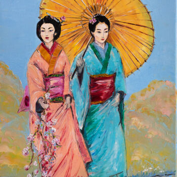 Painting titled "Women Under Wagasa" by Natalia Shchipakina, Original Artwork, Oil Mounted on Wood Stretcher frame