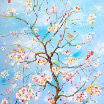 Painting titled "Cherry Tree" by Natalia Shchipakina, Original Artwork, Oil Mounted on Wood Stretcher frame