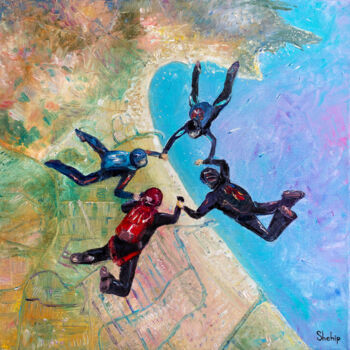 Ζωγραφική με τίτλο "Skydivers Over Empu…" από Natalia Shchipakina, Αυθεντικά έργα τέχνης, Λάδι Τοποθετήθηκε στο Ξύλινο φορεί…