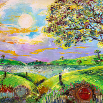 Painting titled "Morning In The Hobb…" by Natalia Shchipakina, Original Artwork, Oil Mounted on Wood Stretcher frame