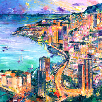 Painting titled "Monaco Coastline" by Natalia Shchipakina, Original Artwork, Oil Mounted on Wood Stretcher frame
