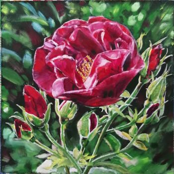Pittura intitolato "crimson rose" da Natalia Shevkunova, Opera d'arte originale, Olio