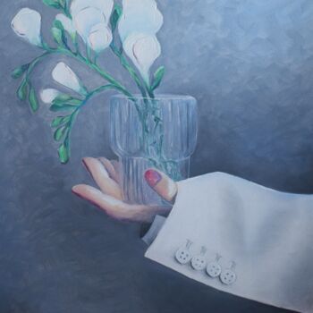 Painting titled "Hand with flower" by Natalia Tremasova, Original Artwork, Oil