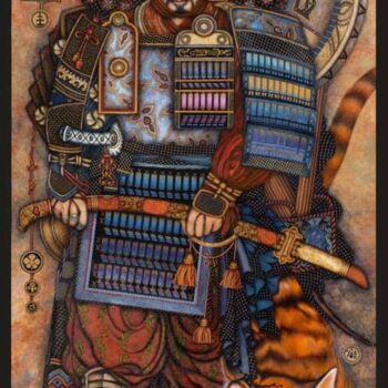 Картина под названием "Самурай и тигр" - Наталья Витязь, Подлинное произведение искусства, Акварель