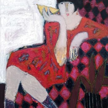 Malerei mit dem Titel "Red dress" von Natalia Yanekina, Original-Kunstwerk, Öl Auf Holzplatte montiert