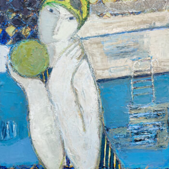 Painting titled "Girl with a ball" by Natalia Yanekina, Original Artwork, Oil Mounted on Wood Panel