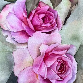 Картина под названием "Pink rose watercolo…" - Natalia Yangalycheva, Подлинное произведение искусства, Акварель