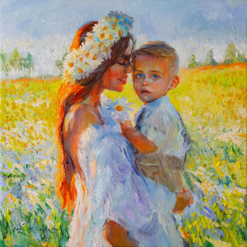 Painting titled ""The Chamomile"" by Natalia Baykalova, Original Artwork, Oil Mounted on Wood Stretcher frame