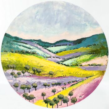 Painting titled "Lavender landscape" by Natalie Aleksejeva (NatalieVerve), Original Artwork, Acrylic Mounted on Wood Stretch…