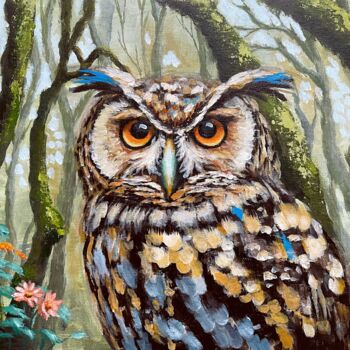 Painting titled "Flower Owl 4." by Natalie Aleksejeva (NatalieVerve), Original Artwork, Acrylic