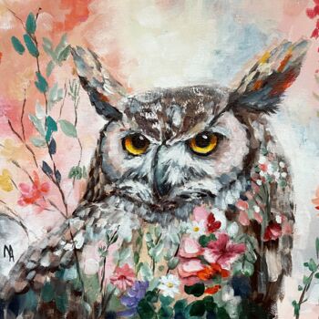 Painting titled "Flower Owl 8." by Natalie Aleksejeva (NatalieVerve), Original Artwork, Acrylic
