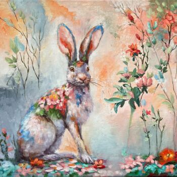Painting titled "Flower Hare" by Natalie Aleksejeva (NatalieVerve), Original Artwork, Oil Mounted on Wood Stretcher frame