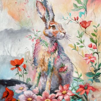 Painting titled "Flower Hare 2" by Natalie Aleksejeva (NatalieVerve), Original Artwork, Oil Mounted on Wood Stretcher frame