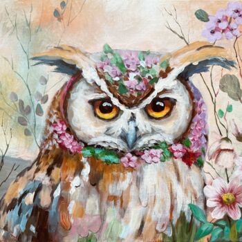 Painting titled "Flower Owl 11" by Natalie Aleksejeva (NatalieVerve), Original Artwork, Acrylic