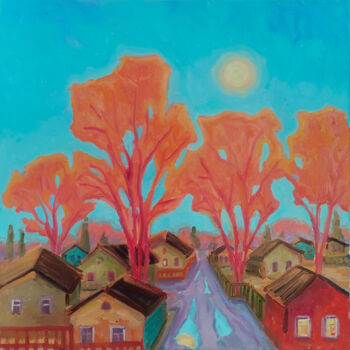 Painting titled "Evening. Moon rise" by Natalie Bocharova (Charova), Original Artwork, Oil Mounted on Wood Stretcher frame