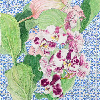 Disegno intitolato "Orchids with Morocc…" da Natalie Levkovska, Opera d'arte originale, Gouache
