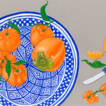 Рисунок под названием "Clementines on a Mo…" - Natalie Levkovska, Подлинное произведение искусства, Гуашь