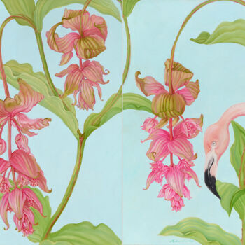 Painting titled "Medinilla & Flamingo" by Natalie Levkovska, Original Artwork, Oil Mounted on Wood Stretcher frame