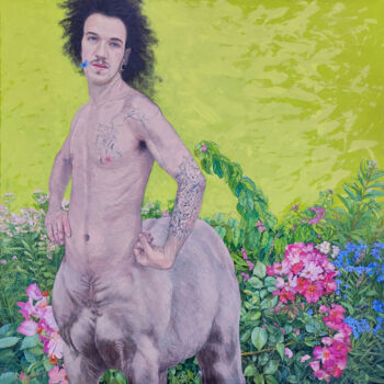 Painting titled "Young Centaur" by Natalie Levkovska, Original Artwork, Oil Mounted on Wood Stretcher frame
