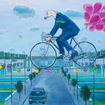 Drawing titled "Cycling above a sle…" by Natalie Levkovska, Original Artwork, Gouache