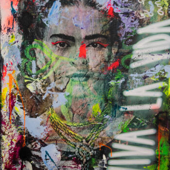 Collagen mit dem Titel "Frida Kahlo's Neon…" von Natalie Otalora, Original-Kunstwerk, Acryl Auf Keilrahmen aus Holz montiert