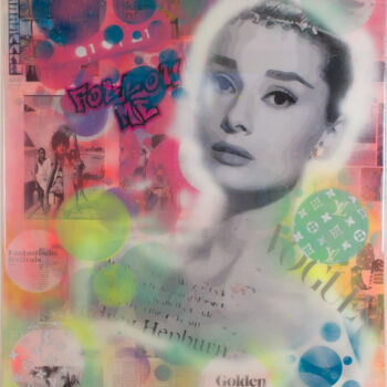 Collages getiteld "Forever Audrey Hepb…" door Natalie Otalora, Origineel Kunstwerk, Graffiti Gemonteerd op Frame voor houten…
