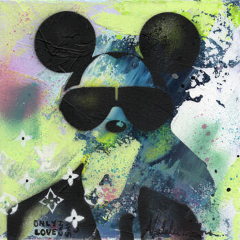 Painting titled "Mickey Only Love Ca…" by Natalie Otalora, Original Artwork, Spray paint Mounted on Wood Stretcher frame