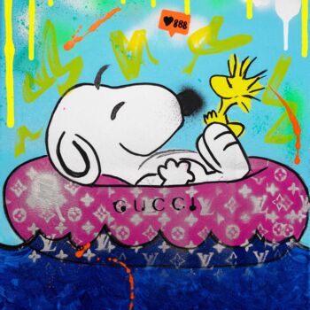 Картина под названием "Snoopy Floating in…" - Natalie Otalora, Подлинное произведение искусства, Акрил Установлен на Деревян…