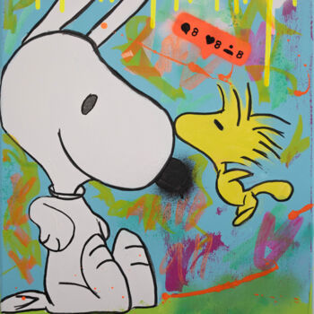 Painting titled "Snoopy Love above a…" by Natalie Otalora, Original Artwork, Acrylic Mounted on Wood Stretcher frame
