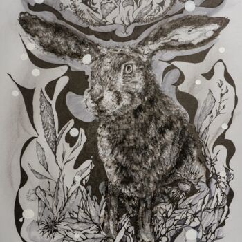 Dessin intitulée "Lunar rabbit" par Natalie Roy, Œuvre d'art originale, Encre