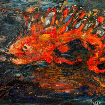 Painting titled ",, Fire fish,," by Natalie Rybka, Original Artwork, Oil Mounted on Wood Stretcher frame