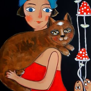 Peinture intitulée "Blue hat and  red m…" par Natalie Shiporina, Œuvre d'art originale, Acrylique Monté sur Châssis en bois