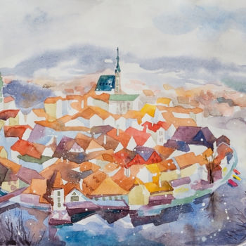 Pintura titulada "Colorful town" por Nataliia Belozerova, Obra de arte original, Acuarela