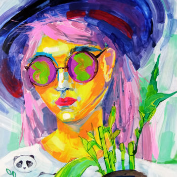 Painting titled "Girl with bamboo an…" by Nataliia Belozerova, Original Artwork, Acrylic
