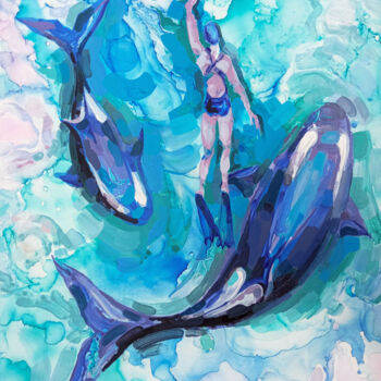 Картина под названием "Killer whales" - Nataliia Belozerova, Подлинное произведение искусства, Чернила