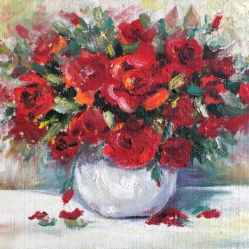Painting titled "Red Roses" by Nataliia Dadykina, Original Artwork, Oil