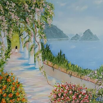 Painting titled "Terrace By The Sea" by Nataliia Goloborodko, Original Artwork, Oil Mounted on Wood Stretcher frame