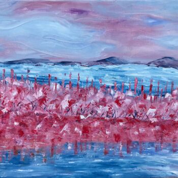 Painting titled "Pink - lake" by Nataliia Lishchynska, Original Artwork, Oil Mounted on Wood Stretcher frame