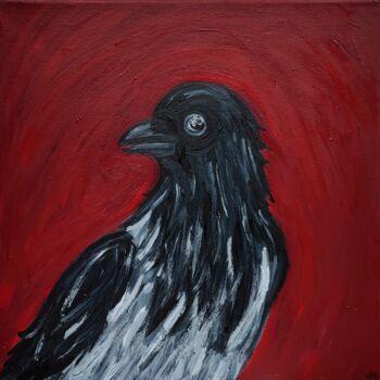 Pittura intitolato "hooded crow" da Nataliia Nikulina, Opera d'arte originale, Olio Montato su Telaio per barella in legno