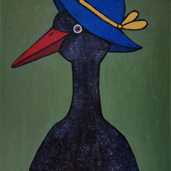 Painting titled "black egret" by Nataliia Nikulina, Original Artwork, Oil Mounted on Wood Stretcher frame