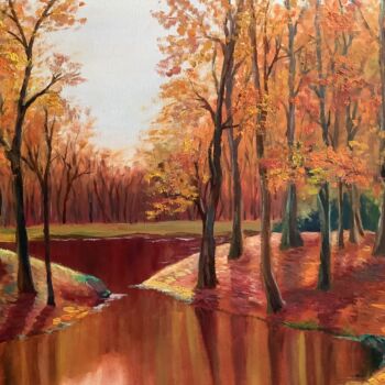 Pittura intitolato "Autumn lake and for…" da Nataliia Polehenko, Opera d'arte originale, Olio