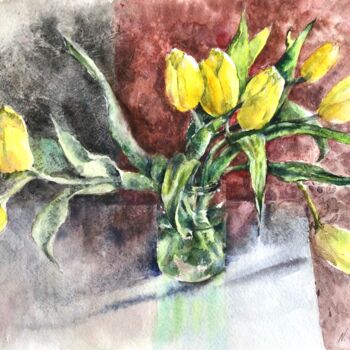 Malerei mit dem Titel "Yellow Tulips." von Nataliia Savchuk, Original-Kunstwerk, Aquarell