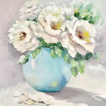 Painting titled "White roses" by Nataliia Stashkevych, Original Artwork, Oil Mounted on Wood Stretcher frame