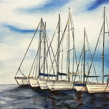 Painting titled "Boat yacht bay oil…" by Nataliia Zablotskaya, Original Artwork, Oil Mounted on Wood Stretcher frame
