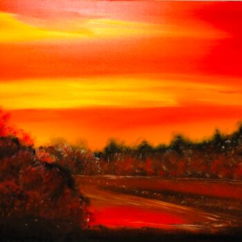 Painting titled "„Red landscape“ sun…" by Nataliia Krykun, Original Artwork, Oil Mounted on Wood Stretcher frame