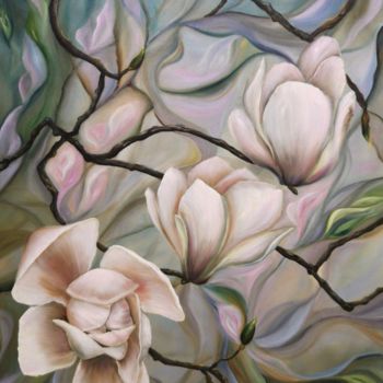 Schilderij getiteld "Harmony Magnolia" door Natalie Demina, Origineel Kunstwerk, Olie Gemonteerd op Frame voor houten branca…