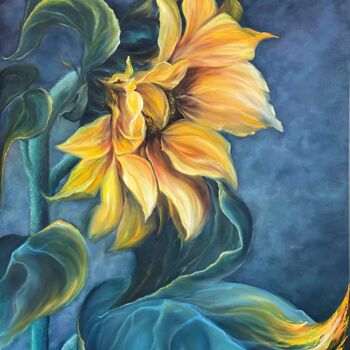 Painting titled "Solar flower" by Natalie Demina, Original Artwork, Oil Mounted on Wood Stretcher frame
