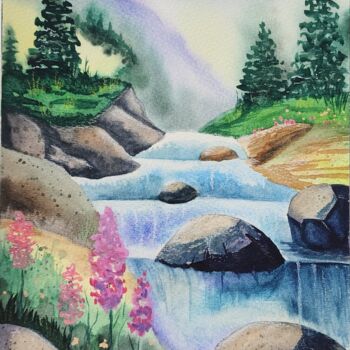 Painting titled "Waterfall" by Nataliya Gulina, Original Artwork, Watercolor